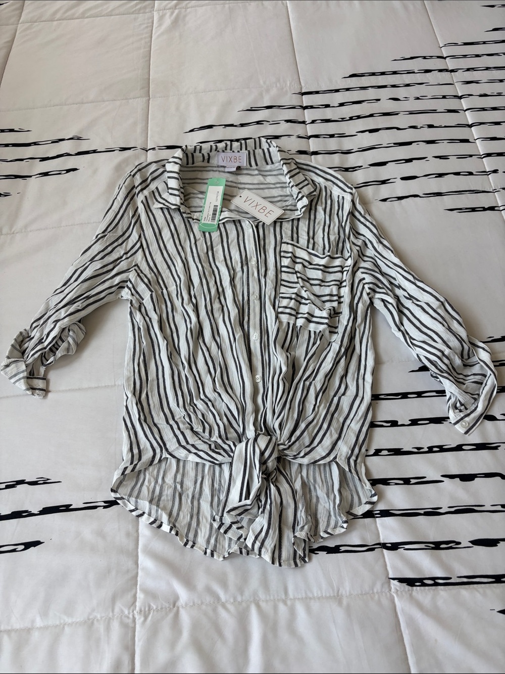 Vixbe Striped Tie-Front Button Shirt - White & Black